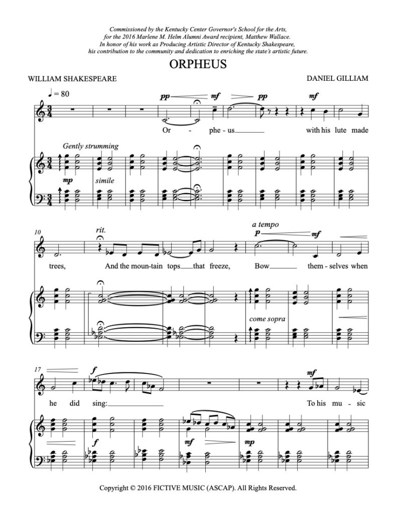 First page of the musical score for Orpheus by Daniel Gilliam