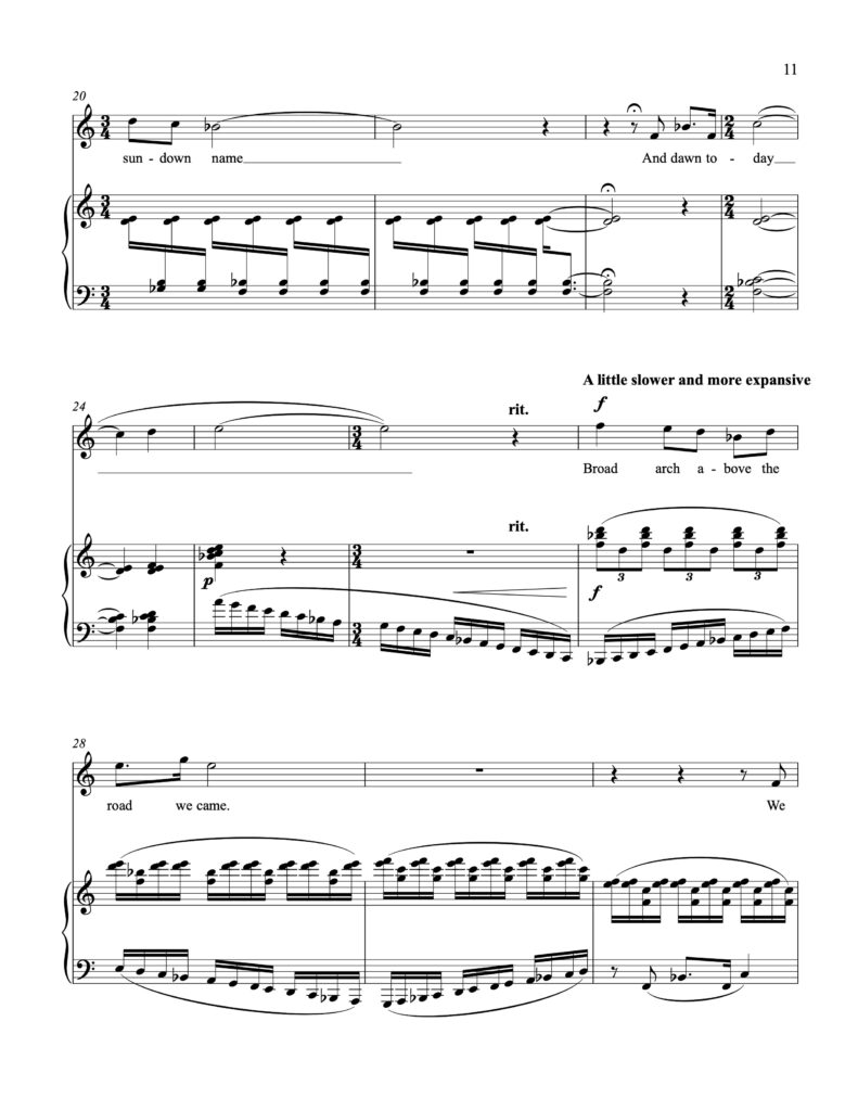 Page from score for Langston Hughes songs. Text show is "...sundown name, and dawn today. Broad arch above the road we came."