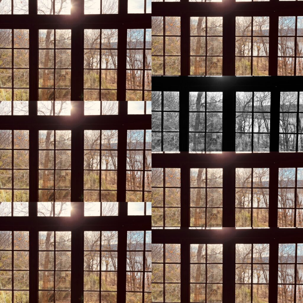 A collage of the same picture of a window, with one picture in black and white. Photographed at Payne Hollow, the home of Harlan and Anna Hubbard