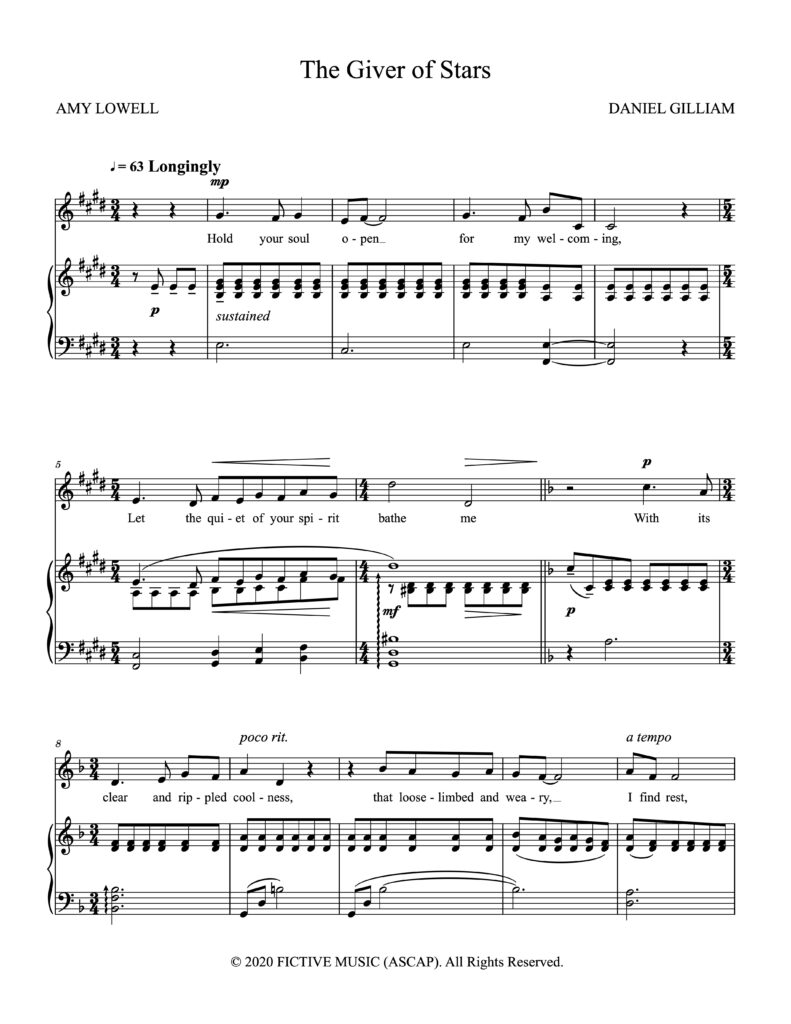 First page of the musical score for The Giver of Stars by Daniel Gilliam, poem by Amy Lowell